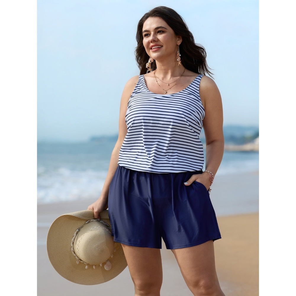 NEW Bloomchic Black 30 / 6X‎ Romper Blue Striped Pockets One-Piece Swimsuit